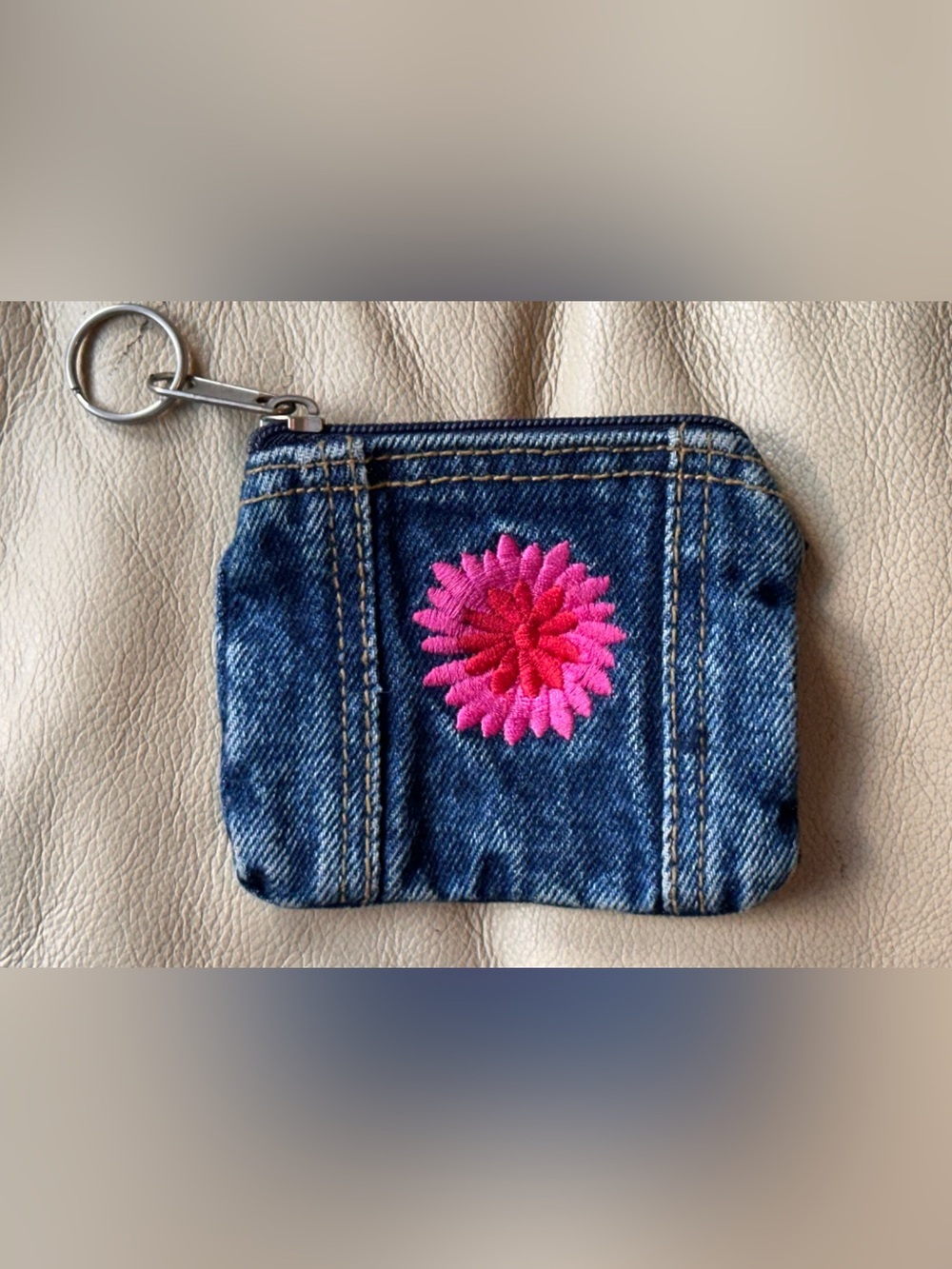 Vtg 90s Y2K Denim Embroidered Flower Zip Pouch Zipper Coin Purse Keychain